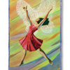 Dare to Dance" by Schiffer Publishing, Ltd. depicts a woman in a red dress with lacy white wings leaping joyfully, arms raised, against a swirling multicolored background—a vibrant textile art piece reminiscent of dance quilts.