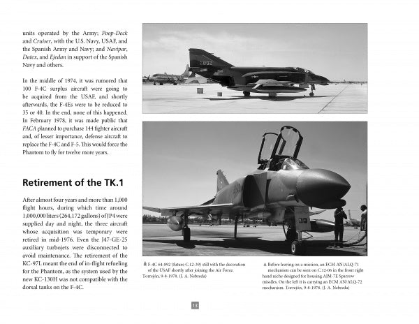 A black-and-white magazine spread showcases two McDonnell-Douglas F-4C/RF-4C Phantom II jets on a runway, detailing their history with Spanish forces and a "Retirement of the TK.1" section. Published by Schiffer Publishing, Ltd.