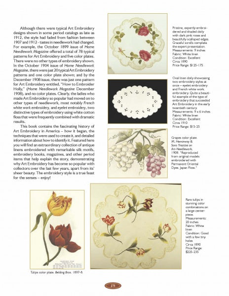A magazine page showcases Schiffer Publishing, Ltd.'s Silk Art Embroidery, presenting Victorian needlework with tulips, roses, grapes, and pansies on antique linens; each illustrated item includes a brief description and price.