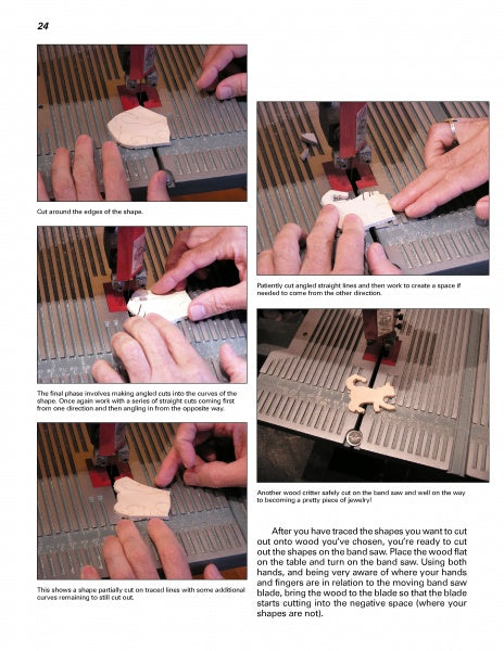 A step-by-step photo guide in "Making Wood Jewelry" by Schiffer Publishing, Ltd. shows hands using a band saw to cut and shape wood—ideal for learning jewelry-making techniques like cutting angles, tracing outlines, and precise adjustments.