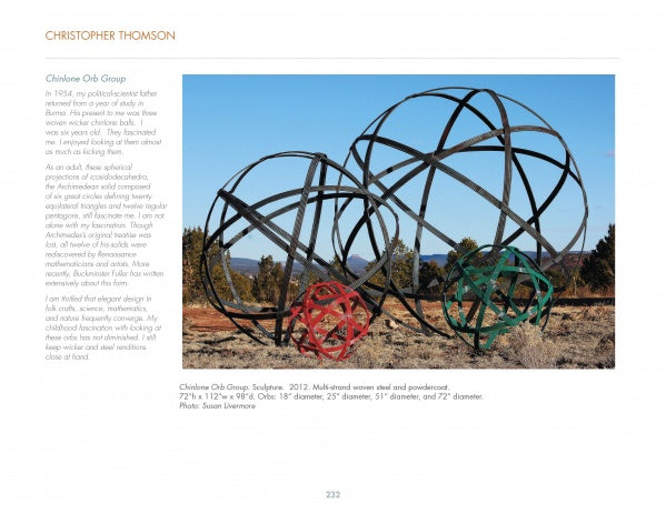 On the cover of Ironwork Today 4 by Schiffer Publishing, Ltd., three large metal orbs—black, green, and red—crafted from interwoven bands by artist-blacksmiths are displayed outdoors on rocky ground with trees and a blue sky behind.