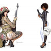 Two women model for Alvarado's Cosplay Pin-ups by Schiffer Publishing, Ltd.: one in a military helmet and pin-up style with tattoos and rifle, the other in a sci-fi bodysuit with a helmet and futuristic gun, set against a white background.