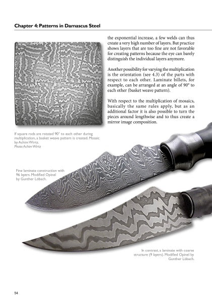 A Schiffer Publishing, Ltd. book page features two Damascus Steel knives with intricate wavy blade patterns and an inset showing a matching geometric steel square, alongside text on blacksmithing methods for forging Damascus Steel designs.