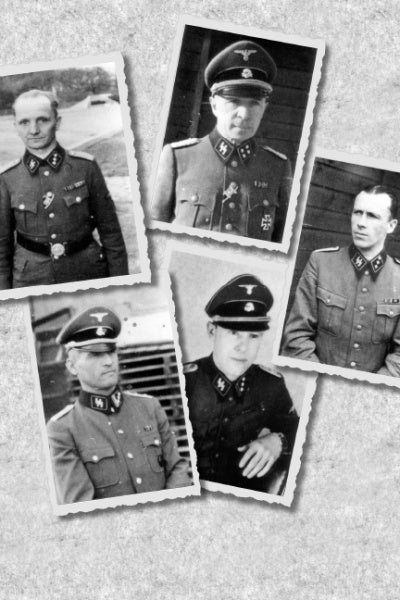 Five black-and-white photos from "Cavalry Divisions of the Waffen-SS" by Schiffer Publishing, Ltd. depict men in Nazi SS uniforms, likely Waffen-SS cavalry, arranged on a gray background with serious WWII-era expressions.