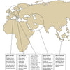 A beige world map from Schiffer Publishing, Ltd.'s "Damascus Steel" highlights Europe, the Middle East, and Asia with callouts on rifle origins (350 B.C.–1250 A.D.), blacksmithing, and Damascus steel forging techniques.