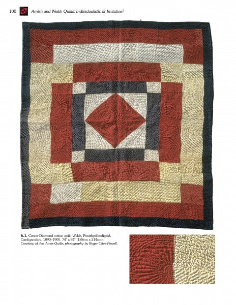 Amish Quilts and the Welsh Connection by Schiffer Publishing, Ltd. explores handmade quilts with concentric squares in red, black, and tan, centered by a diamond pattern and featuring detailed stitching—highlighting Amish quilting traditions.