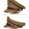 The book "British Officers' Peak Caps of the Second World War" by Schiffer Publishing, Ltd. showcases classic brown British officer caps with shiny straps, silver buttons, and metallic badges—perfect for military collectibles enthusiasts.