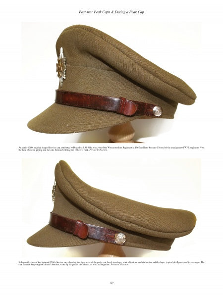 The book "British Officers' Peak Caps of the Second World War" by Schiffer Publishing, Ltd. showcases classic brown British officer caps with shiny straps, silver buttons, and metallic badges—perfect for military collectibles enthusiasts.