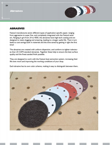 A row of six colorful abrasive pads sits on a perforated surface, illustrating Festool®Essentials: The Sanders by Schiffer Publishing, Ltd.—highlighting optimal compatibility with the Festool sanding system and orbital sanders.