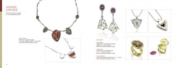 A jewelry catalog spread from "Art Jewelry Today 4" by Schiffer Publishing, Ltd. displays silverwork necklaces, earrings, rings, and a locket with gemstones on a white background; designer info appears on the left.
