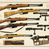 An array of five vintage Italian bolt-action rifles from "Italian Small Arms of the First and Second World Wars" by Schiffer Publishing, Ltd. is displayed with bolts, a metal magazine, and labels describing these classic military firearms.