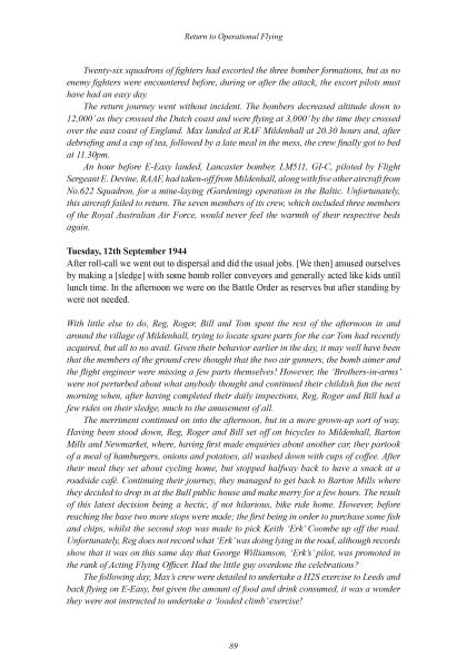 A page from "The Easy Boys: The Story of a Bomber Command Aircrew in World War II" by Schiffer Publishing, Ltd. features two dated entries recounting Lancaster bomber missions and daily operations during WWII.