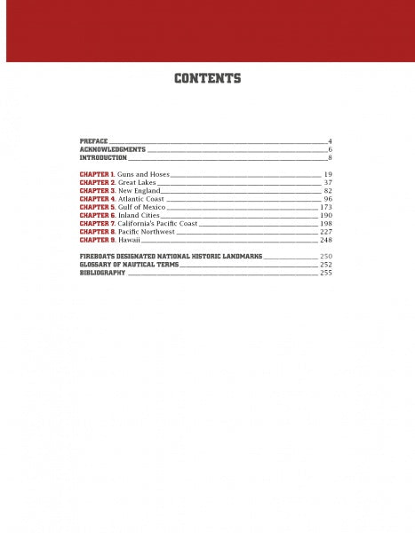 Table of contents page for "American Fireboats" by Schiffer Publishing, Ltd., listing Preface, Acknowledgements, Introduction, and Chapters 1–8, with chapters highlighted in red and black and page numbers right-aligned.