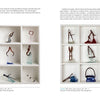Two pages from Schiffer Publishing, Ltd.’s "Behind the Curtain" catalog display Studio Glass Art sculptures using Mary Shaffer’s mid-air slumping technique. Each shelf cubby contains a unique abstract piece with descriptive text above the images.