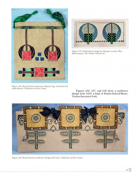 A page features three Arts and Crafts Embroidery items from Schiffer Publishing, Ltd.: two geometric floral embroidered bags and a sunflower motif wall rack, all in muted colors with decorative ribbons.