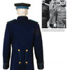 Displayed from the back is a dark blue Soviet parade uniform, alongside an inset photo showing two World War II Soviet soldiers in different hats. From "World War II Parade Uniforms of the Soviet Union • Vol.2" by Schiffer Publishing, Ltd.