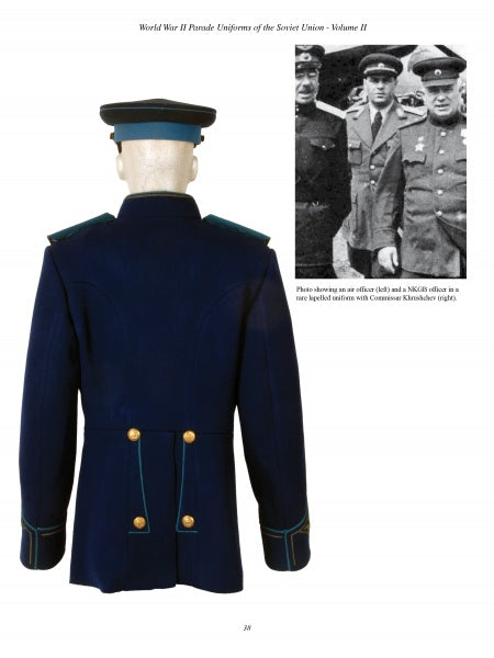 Displayed from the back is a dark blue Soviet parade uniform, alongside an inset photo showing two World War II Soviet soldiers in different hats. From "World War II Parade Uniforms of the Soviet Union • Vol.2" by Schiffer Publishing, Ltd.