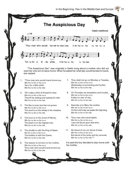 A page from The Big Book of Flax by Schiffer Publishing, Ltd. shows music titled The Auspicious Day, with notation above lyrics, framed by black branches and decorative elements like those on antique linen collectibles.