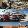 Three-panel image from "Southern California Eats 2" by Schiffer Publishing, Ltd.: Top, a building with roof collapse. Middle, classic cars in front of the site under repair. Bottom, renovations continue at this Southern California restaurant behind plywood walls.