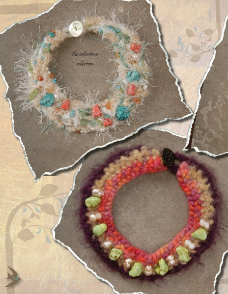 Felt, Fiber, and Stone by Schiffer Publishing, Ltd.: Two chunky hand-knitted bracelets on textured paper—one with white yarn, turquoise, coral & shell beads; the other in earth tones accented by green stones and pearls. A fresh twist on beaded jewelry.