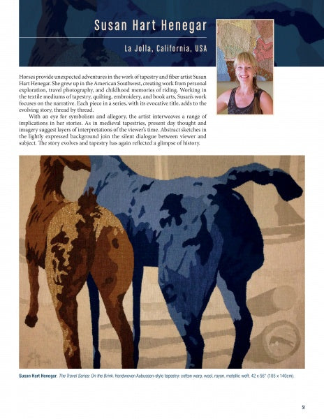 The Contemporary International Tapestry from Schiffer Publishing, Ltd. features a handwoven scene of a brown horse beside a blue one, with an artist bio and photo of the smiling short-haired blonde creator included above.