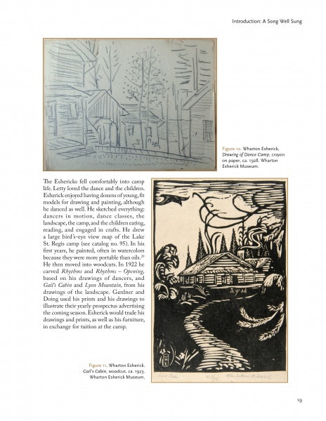 Two rustic cabin sketches among trees—a light pencil drawing above and a bold woodcut print below—illustrate Wharton Esherick’s modernist style, featured in "Wharton Esherick and the Birth of the American Modern" by Schiffer Publishing, Ltd.