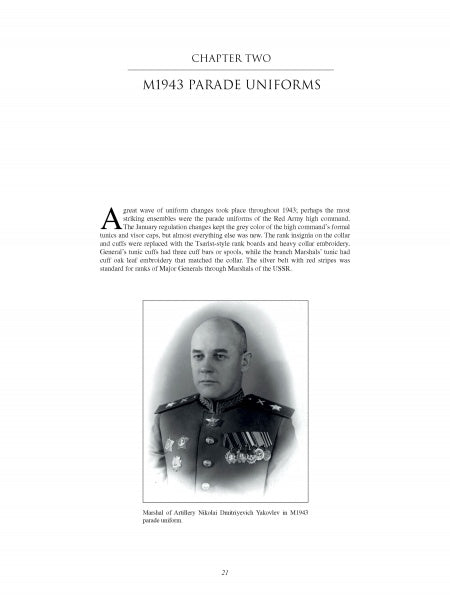 A page from "World War II Parade Uniforms of the Soviet Union • Vol.2" by Schiffer Publishing, Ltd. shows a decorated officer and a portrait labeled Marshal of Artillery Nikolai Dmitriyevich Yakovlev in M1943 parade uniform.