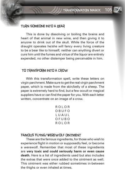 A book page from Schiffer Publishing’s “Werewolves” features instructions on shapeshifting into a bear or crow, magic words in a grid, and a recipe for flying werewolf ointment. Page number 105 appears in the top corner.