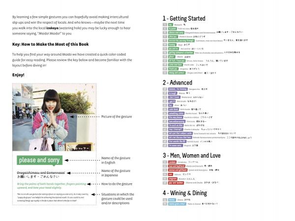 A page from Maido by Schiffer Publishing, Ltd. shows sections on the right and, on the left, a woman holding a "please and sorry" sign. Below, a gesture guide highlights everyday Japanese gestures with English and Japanese text.