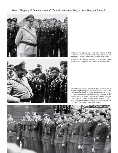 Three black-and-white photos from Knight's Cross Profiles Vol.1 (Schiffer Publishing, Ltd.) show Nazi military officers and Luftwaffe pilots, including Hermann Göring, in uniform with captions and names at the page’s top and bottom.