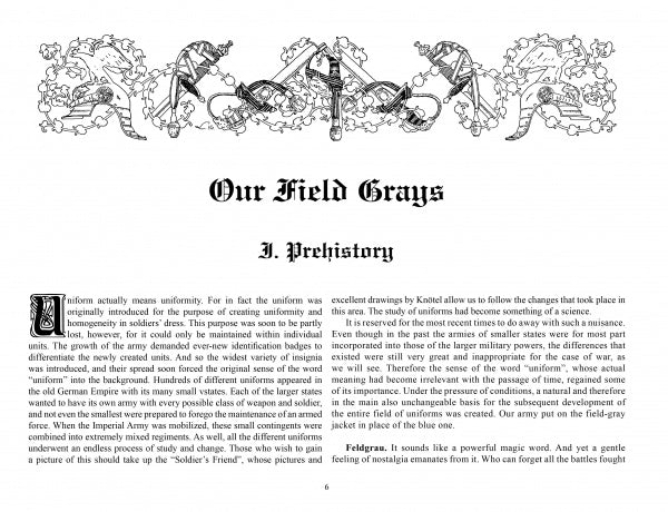 A decorative black-and-white page in Feldgrau 1915-16 by Schiffer Publishing, Ltd. features ornate vines and a drop cap "U," exploring the evolution of German Army uniforms and the origins of feldgrau in military history.