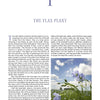 A page from The Big Book of Flax by Schiffer Publishing, Ltd. shows a large number 1, text about flax history, and a photo of blooming, pale blue flax flowers in a field at the bottom right.
