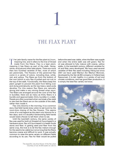 A page from The Big Book of Flax by Schiffer Publishing, Ltd. shows a large number 1, text about flax history, and a photo of blooming, pale blue flax flowers in a field at the bottom right.