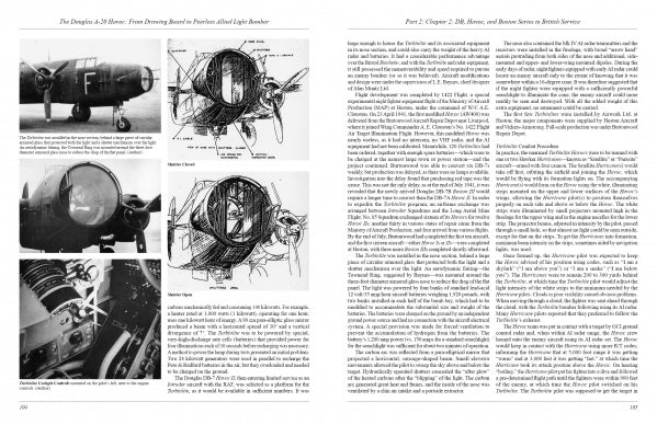 A two-page spread from Schiffer Publishing, Ltd.'s The Douglas A-20 Havoc features text, black-and-white photos, and diagrams of WWII bombers, including close-ups of the A-20 Havoc’s nose, cockpit details, and technical sketches.