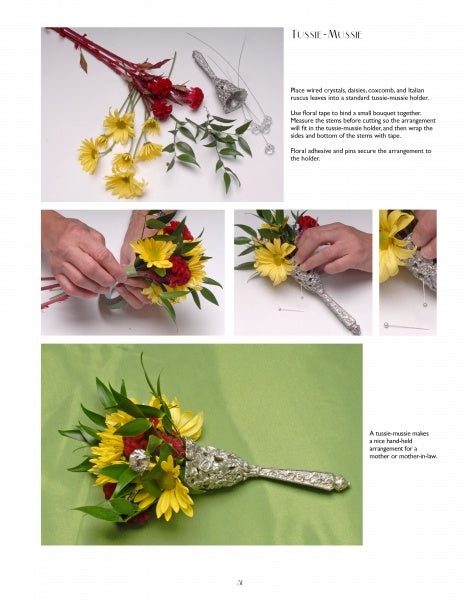 Step-by-step collage of arranging Bridal Flowers by Schiffer Publishing, Ltd. in a silver tussy-mussy holder, featuring close-ups of hand placement and the finished bouquet on a green surface with visible instructional text.