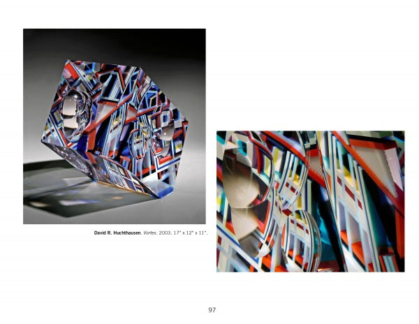 Two images from "Art Glass Today" by Schiffer Publishing, Ltd. display a geometric glass sculpture with intricate colorful lines and circular cutouts—left: the whole piece; right: a close-up of its detailed surface.
