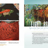 A two-page magazine spread from Schiffer Publishing, Ltd.’s "Japanese Contemporary Quilts and Quilters" features close-ups of a fish quilt, red fabric with black writing, vibrant forest quilt art, and highlights eight contemporary Japanese quilters.