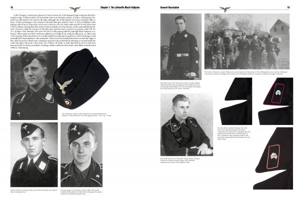 A spread from "Panzer Feldjacke" by Schiffer Publishing, Ltd. shows WWII German soldiers in uniform, military caps with Wehrmacht and Waffen-SS insignia, and captions describing the items and soldiers depicted.