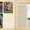 A spread from "How to Build a Flatiron Skiff" by Schiffer Publishing, Ltd. shows step-by-step photos and close-ups of skiff boat-building, focusing on attaching a spreader stick with diagrams and instructions.