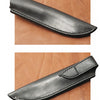 Two photos show a black leather knife sheath with a belt loop on brown leather. The sheath features smooth, full-grain leather and precise stitching, as highlighted in "Making Leather Knife Sheaths - Volume 1" by Schiffer Publishing, Ltd.