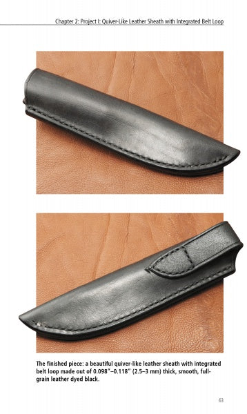 Two photos show a black leather knife sheath with a belt loop on brown leather. The sheath features smooth, full-grain leather and precise stitching, as highlighted in "Making Leather Knife Sheaths - Volume 1" by Schiffer Publishing, Ltd.