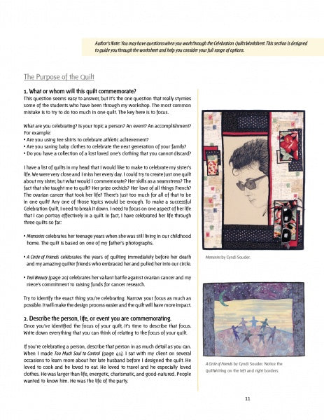 A page from "Creating Celebration Quilts" by Schiffer Publishing, Ltd. shows two-column instructions on memory quilts, with images of a portrait patchwork quilt and a vibrant landscape quilt featuring trees and hills.