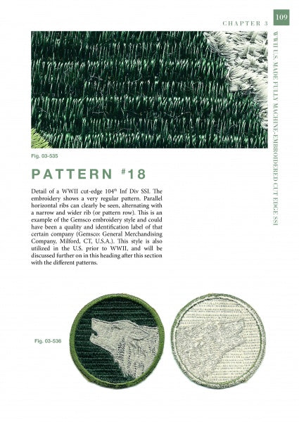 Page displaying WWII embroidery patterns: At top are dense green and white stitches. Below are two U.S.-made, fully machine-embroidered cut edge shoulder sleeve insignia (Schiffer Publishing)—one with a green wolf's head, one faded or unfinished.