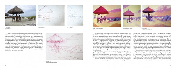 A two-page spread from Schiffer Publishing’s "Fire and Light" art book shows step-by-step painting of a beach scene with a thatched umbrella and chairs, highlighting color theory through reference photos, sketches, stages, and text.
