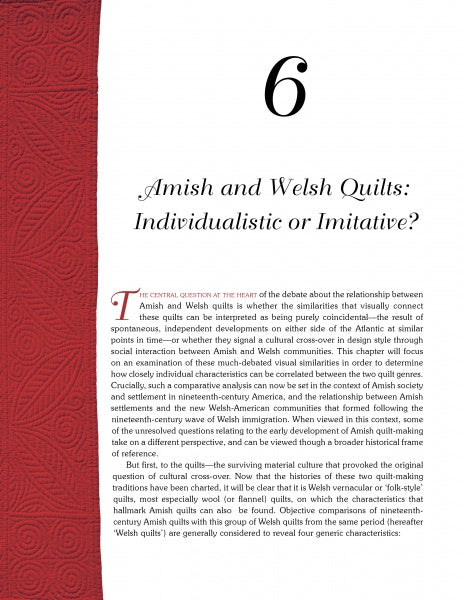 The book "Amish Quilts and the Welsh Connection" by Schiffer Publishing, Ltd. features a red patterned border and introductory text exploring quilt history and the cultural links between Amish and Welsh quilts.