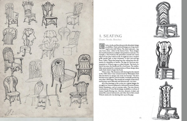 A spread from Schiffer Publishing, Ltd.’s Thomas Wilson's Ironwork Notebooks shows ornate chair sketches on the left and detailed black-and-white chair drawings with ironwork designs and seating info on the right—ideal for creative inspiration.