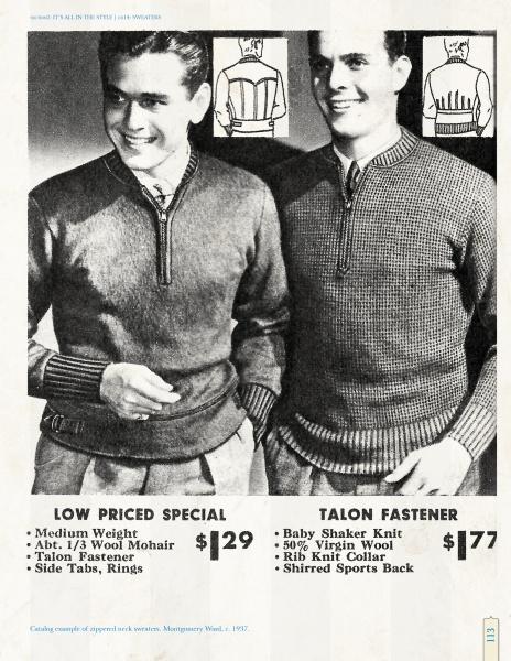 Two smiling men model classic styles in a black-and-white catalog from "A Dandy Guide to Dating Vintage Menswear" by Schiffer Publishing, Ltd., showcasing half-zip and vertical-zip sweaters for timeless menswear inspiration.