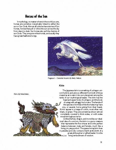 The book "Fairies, Mermaids, and Other Mystical Creatures" by Schiffer Publishing, Ltd. features illustrations of a winged Pegasus over mountains and a dragon-like Kirin—ideal inspiration for Artist Trading Cards.