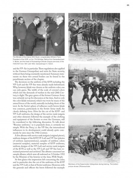 A page from "Uniforms of the East German Military" by Schiffer Publishing, Ltd. shows black-and-white photos of Nazi and DDR soldiers, including ceremonies and firing squads, alongside text comparing early DDR military uniforms.