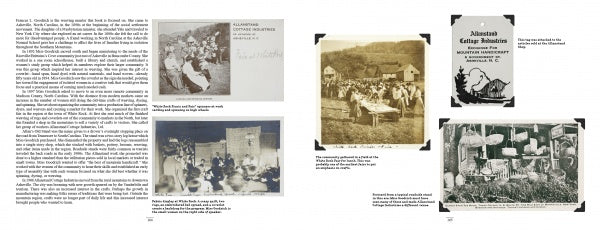 A book spread from *Frances L. Goodrich’s Coverlet and Counterpane Drafts* (Schiffer Publishing, Ltd.) showcases several black-and-white photographs of community events—featuring people both indoors and outdoors—and a vintage pamphlet cover; accompanying text explores the historical context of these Appalachian gatherings, emphasizing the significance of handwoven counterpanes and traditional Appalachian weaving drafts that often adorned homes during such occasions.